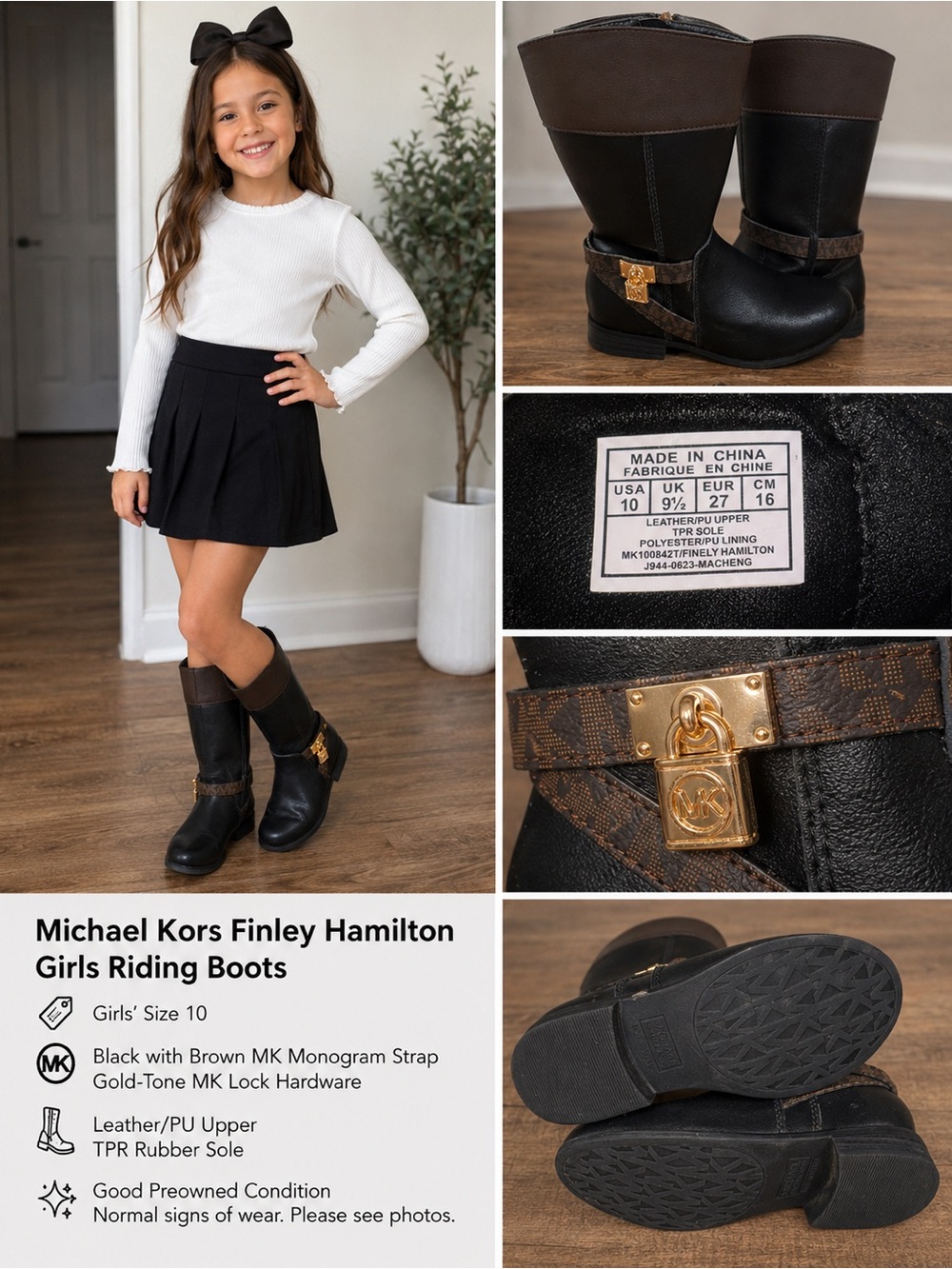 Michael Kors Finley Hamilton Girls Riding Boots Black Brown MK Lock Size 10